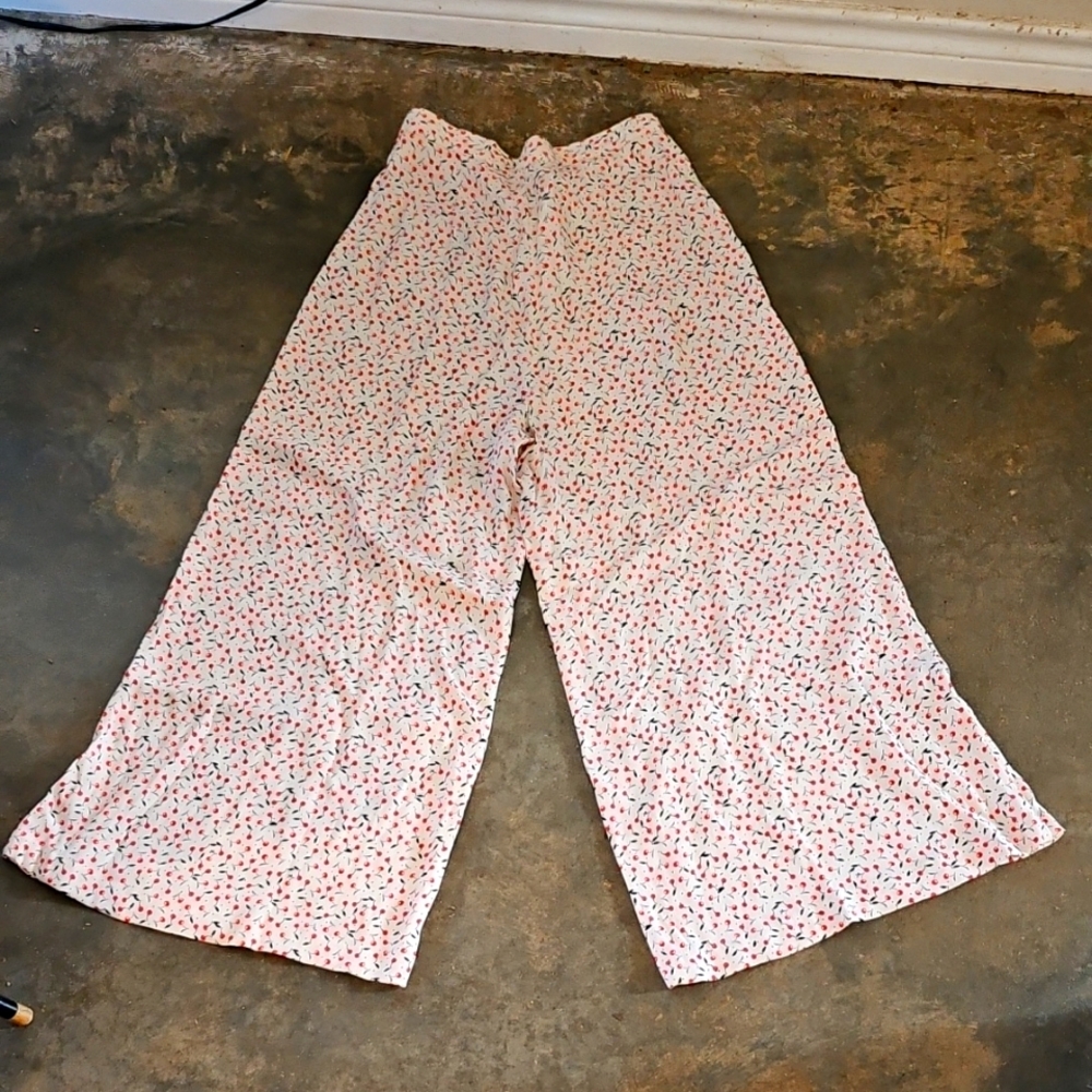 Free People Wide Leg Rayon Zippered Side Rayon Cherries Trouser Pants Size 8